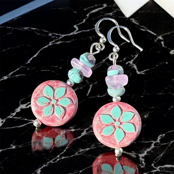 Hand Crafted Jewelry - Handcrafted Floral Pink and Turquoise Czech Glass Earrings